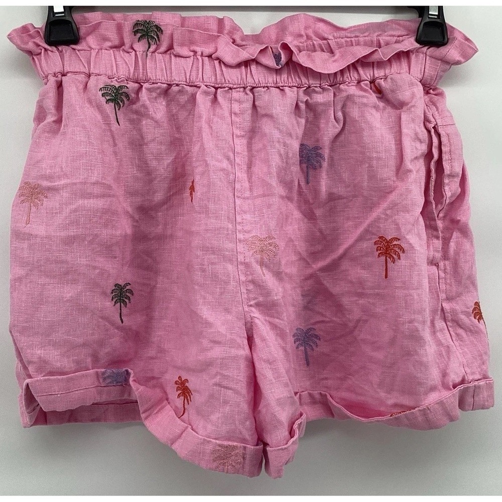 Farm Rio Anthropologie Womens Shorts S Pink Linen Palm Tree Embroidered